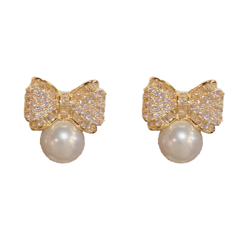 Elegant Zircon Butterfly Bow Pearl Stud Earrings – Minimalist Design