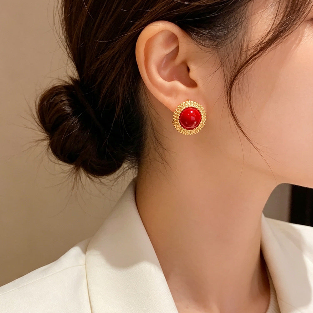Eaioncol Vintage Red Pearl Stud Earrings Gold