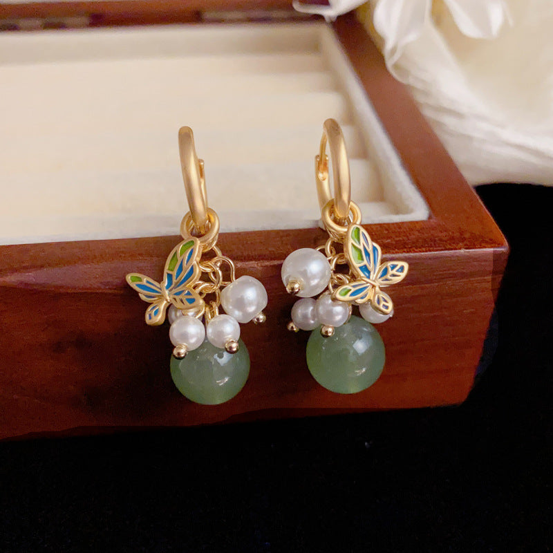 Luxury Butterfly Pearl & Imitation Jade Drop Earrings – Elegant Design