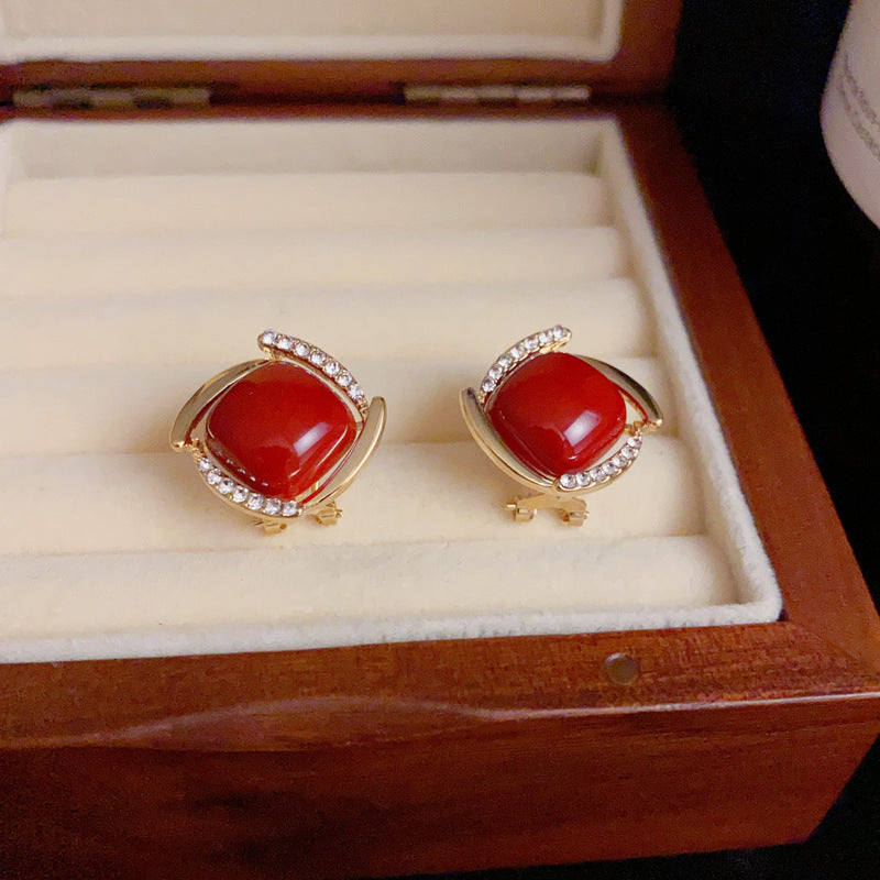 14K Gold-Plated Red Square Pearl Earrings - Vintage Minimalist Design