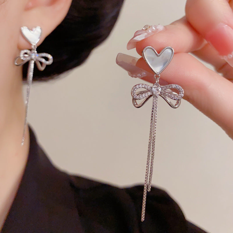 Eaioncol Shell Heart Bow Tassel Drop Earrings Gold Silver