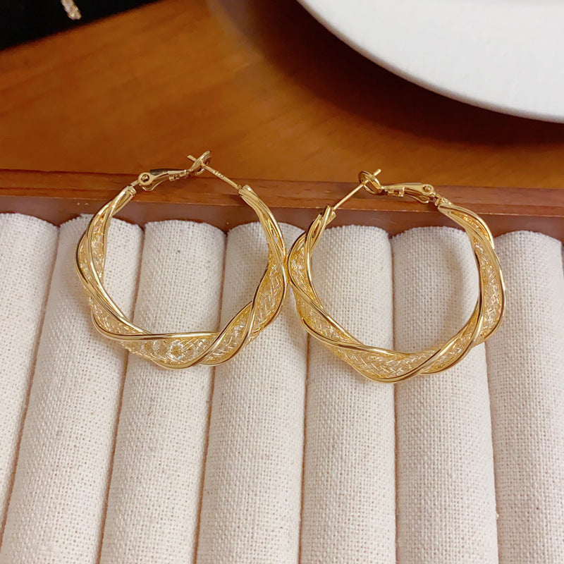 Elegant Twisted Mesh Metal Hoop Earrings – Bold Retro Design