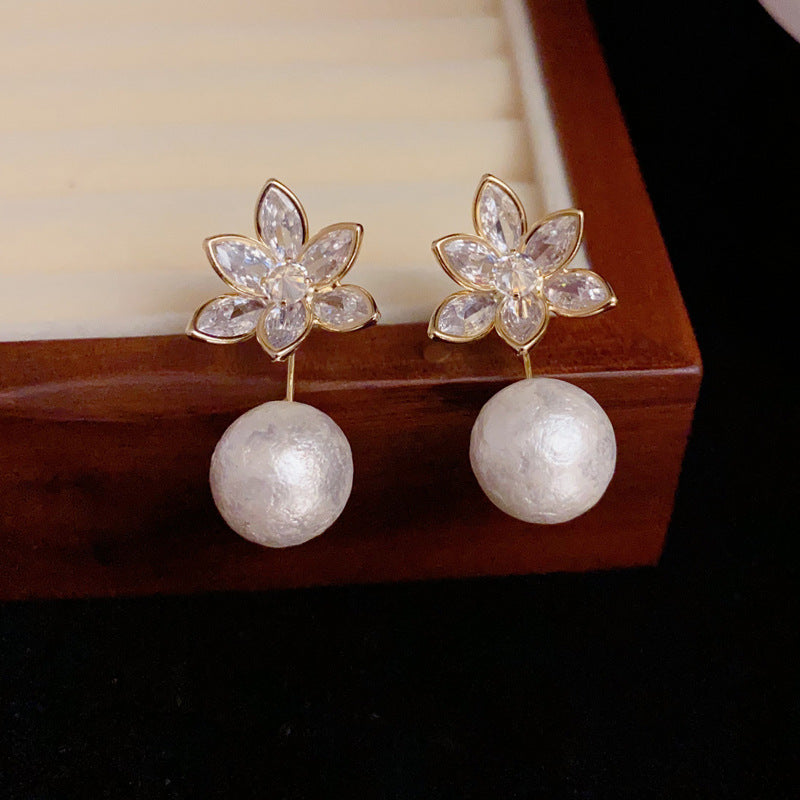 14K Gold-Plated Diamond Flower Bead Earrings - Elegant Chic Design