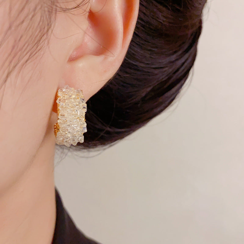 Luxury Crystal C-Shape Hoop Earrings – Elegant Minimalist Design