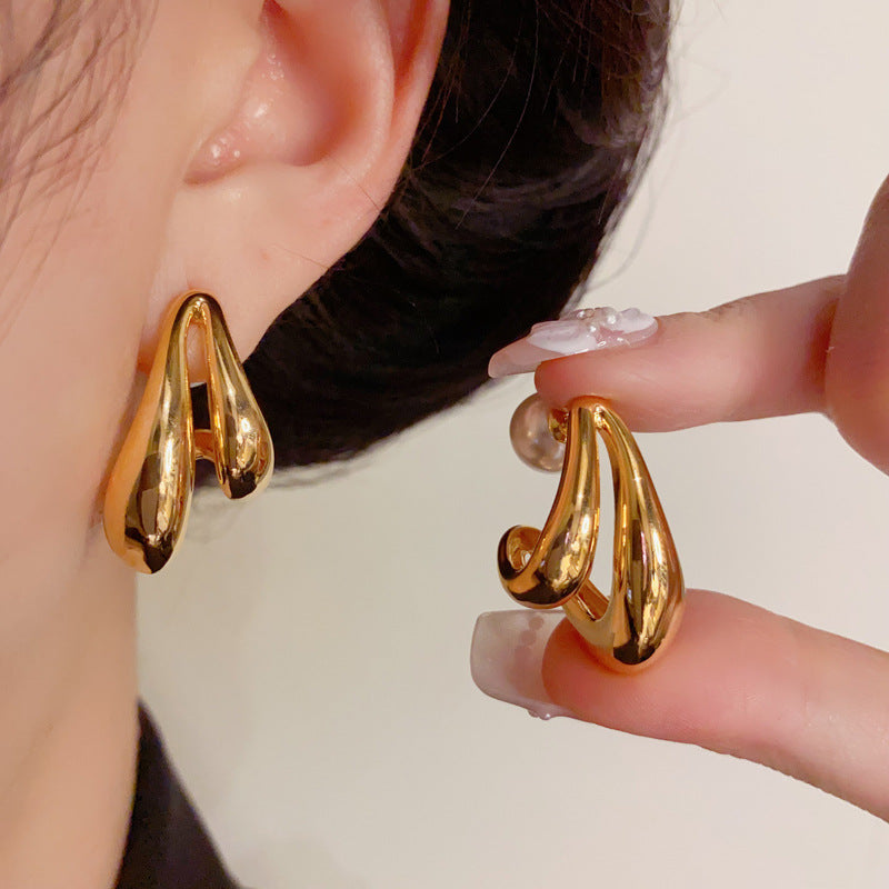 Luxury Three-Way Metal Droplet & Pearl Drop Earrings – Elegant Design