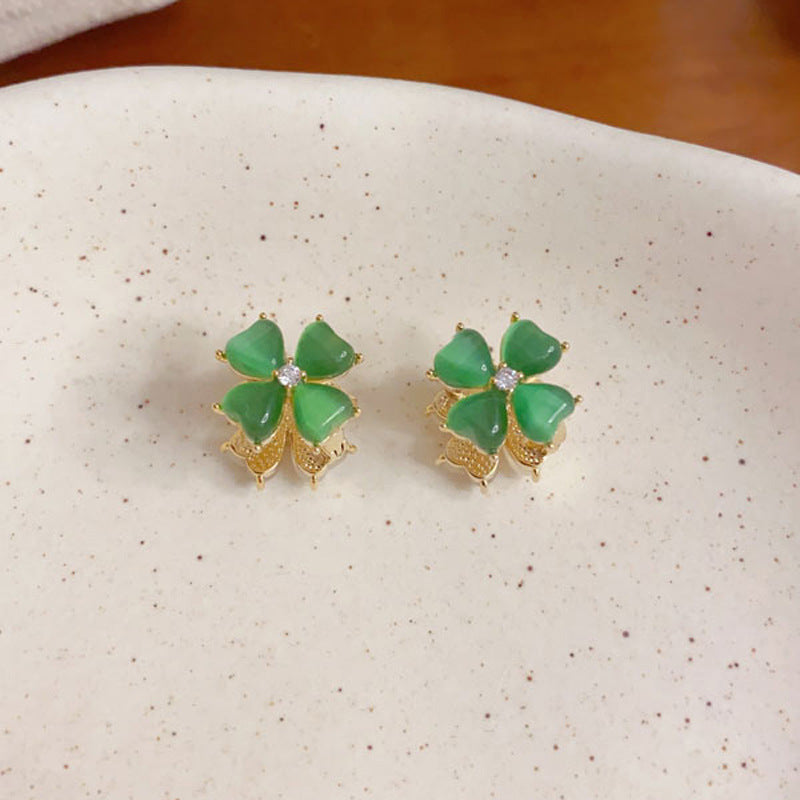 Elegant Double-Sided Four-Leaf Flower Earrings – Reversible Design