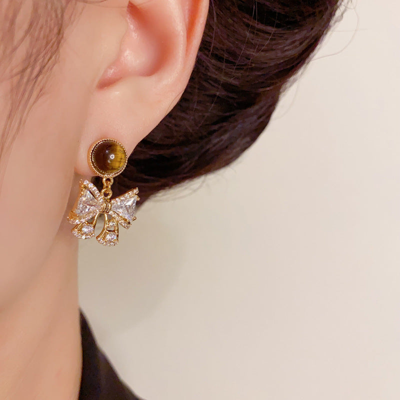 Luxury Zircon Bow & Tiger's Eye Drop Gold Earrings – Elegant Design