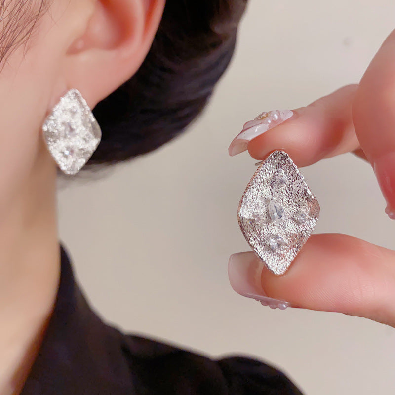 Gold Rhombus Earrings – Geometric Zircon Studs for Women