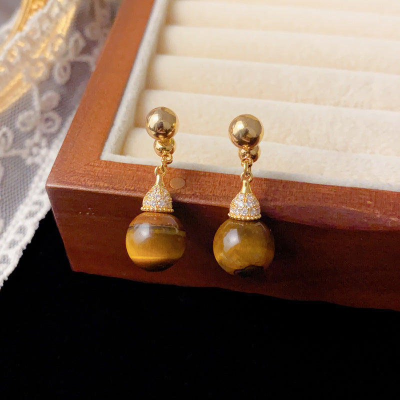 Luxury Two-Way Tiger’s Eye Drop Earrings – Geometric Design