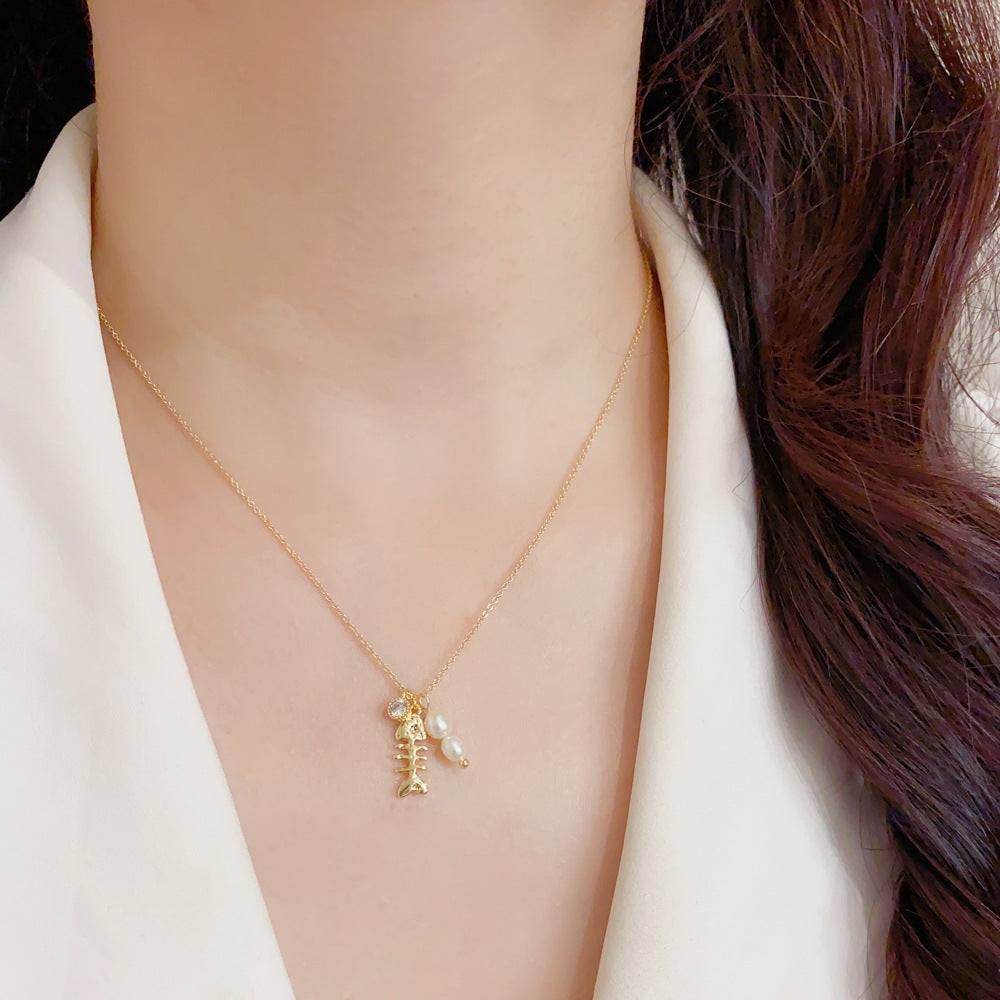 Eaioncol Fishbone Pearl Necklace 14K Gold & Silver Plated