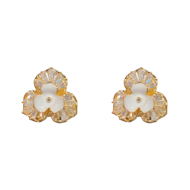 14K Gold-Plated Diamond-Studded 3-Petal Flower Earrings - Elegant Chic