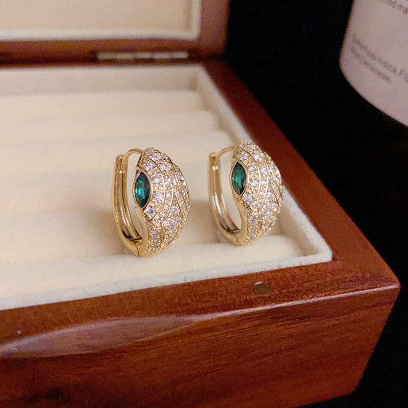 14K Gold-Plated Zircon Green-Eyed Snake Earrings-Chic & Elegant Design