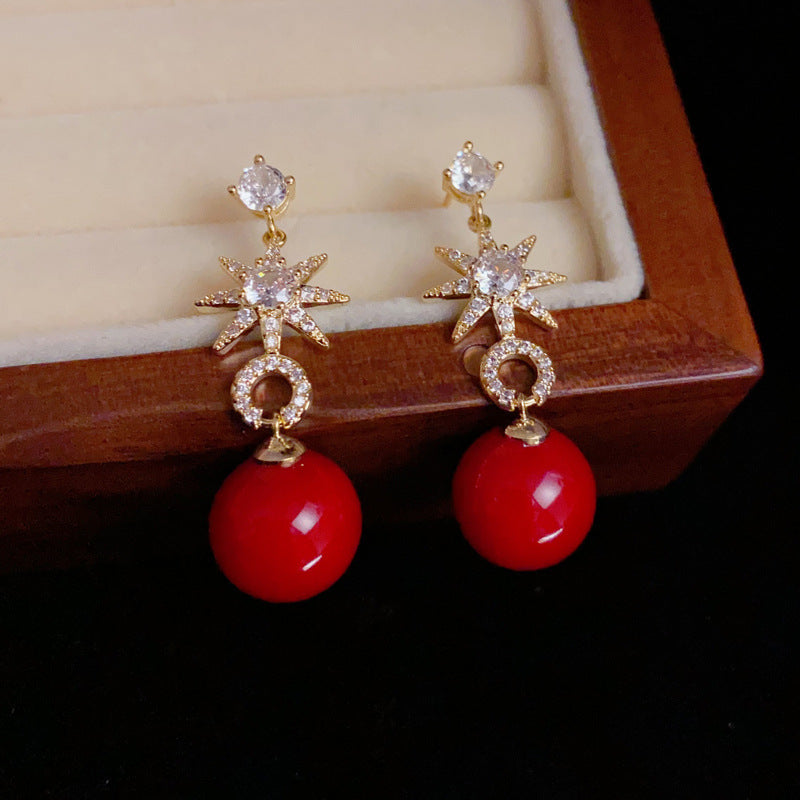 14K Gold-Plated Eight-Point Star Red Pearl Earrings - Elegant Design