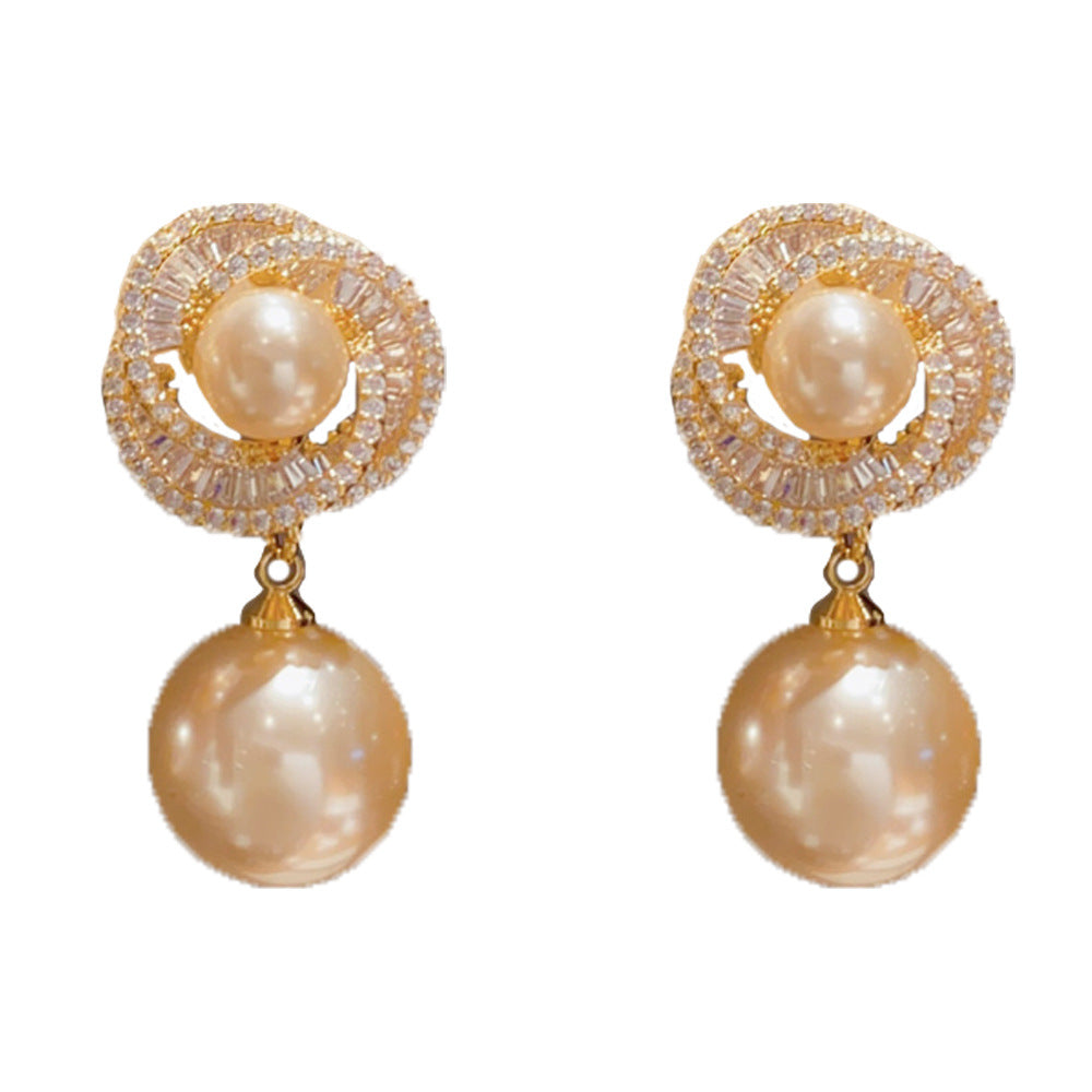 Eaioncol CZ Halo Pearl Drop Earrings 14K Gold Plated