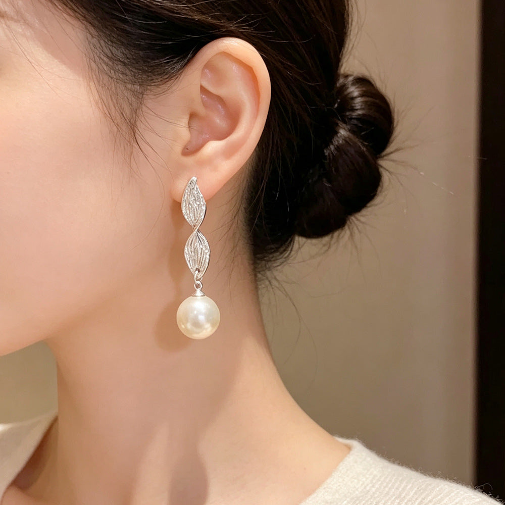 Eaioncol Metal Leaf Pearl Tassel Drop Earrings Gold Silver