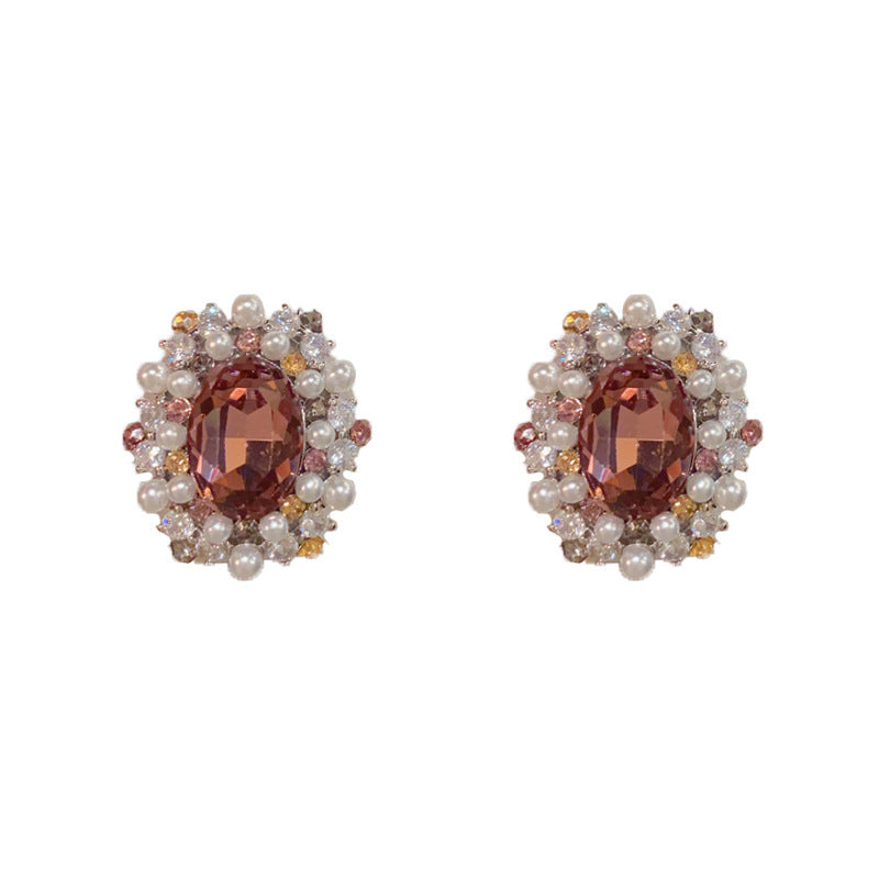 Luxury Full-Zircon Pearl Oval Stud Earrings – Floral Design