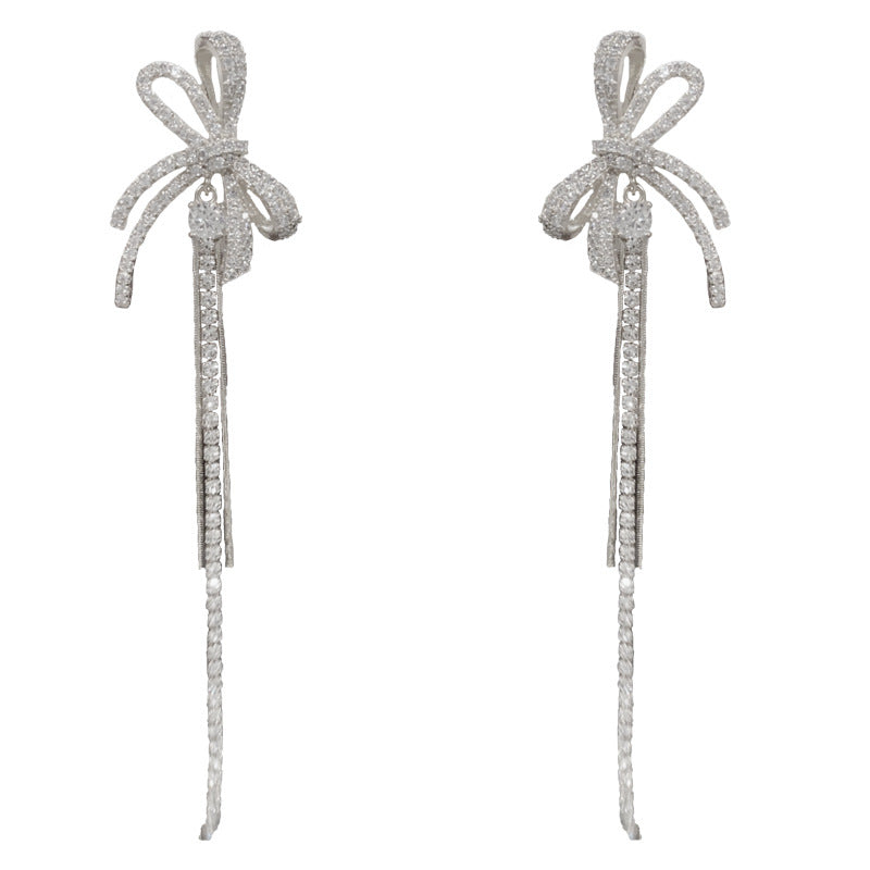 Elegant Zircon Butterfly Bow Tassel Earrings – French Design