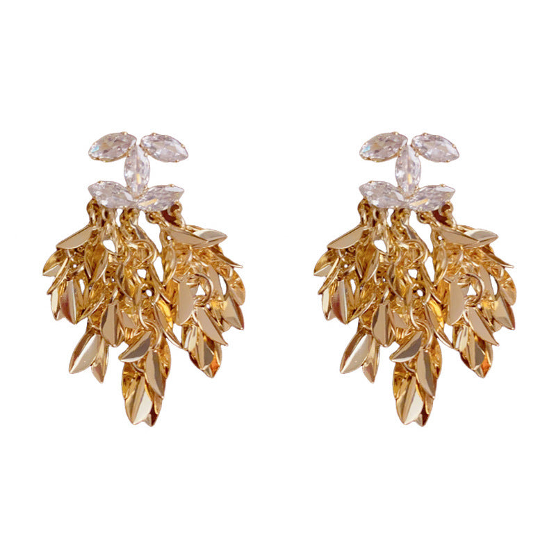 Luxury Zircon Metal Leaf Tassel Drop Earrings – Elegant Floral Design