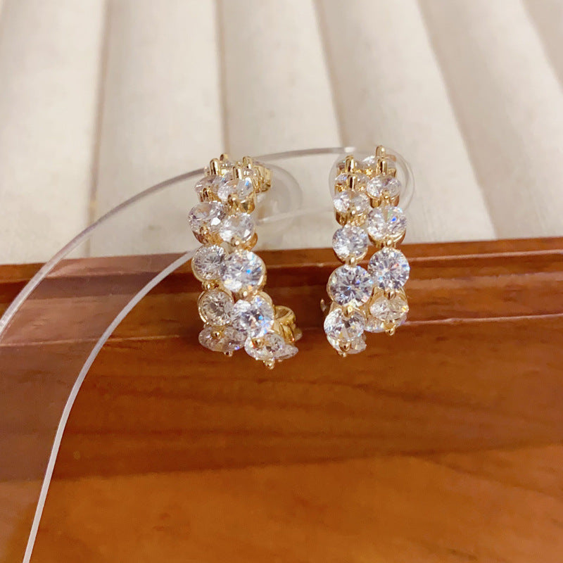 Elegant Full-Zircon Double-Row C-Hoop Earrings – Geometric Design