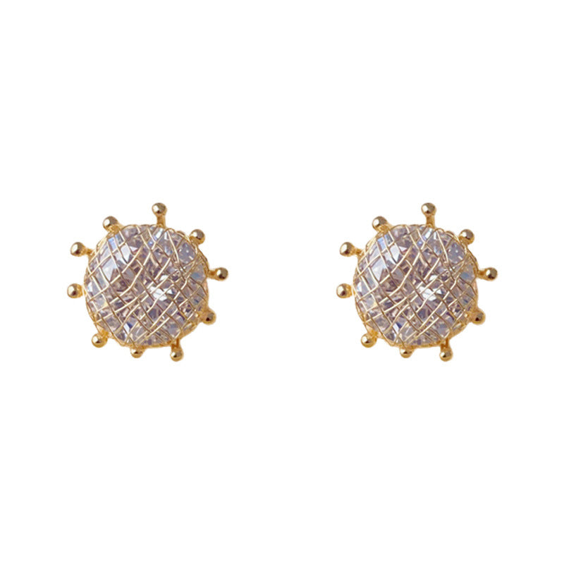 Elegant Zircon Mesh Round Stud Earrings – Minimalist Geometric Design