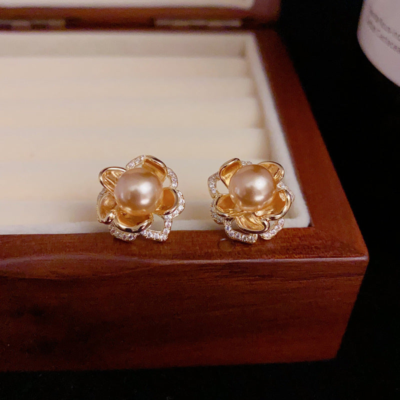 14K Gold-Plated Caramel Zircon Pearl Flower Earrings - Elegant Design