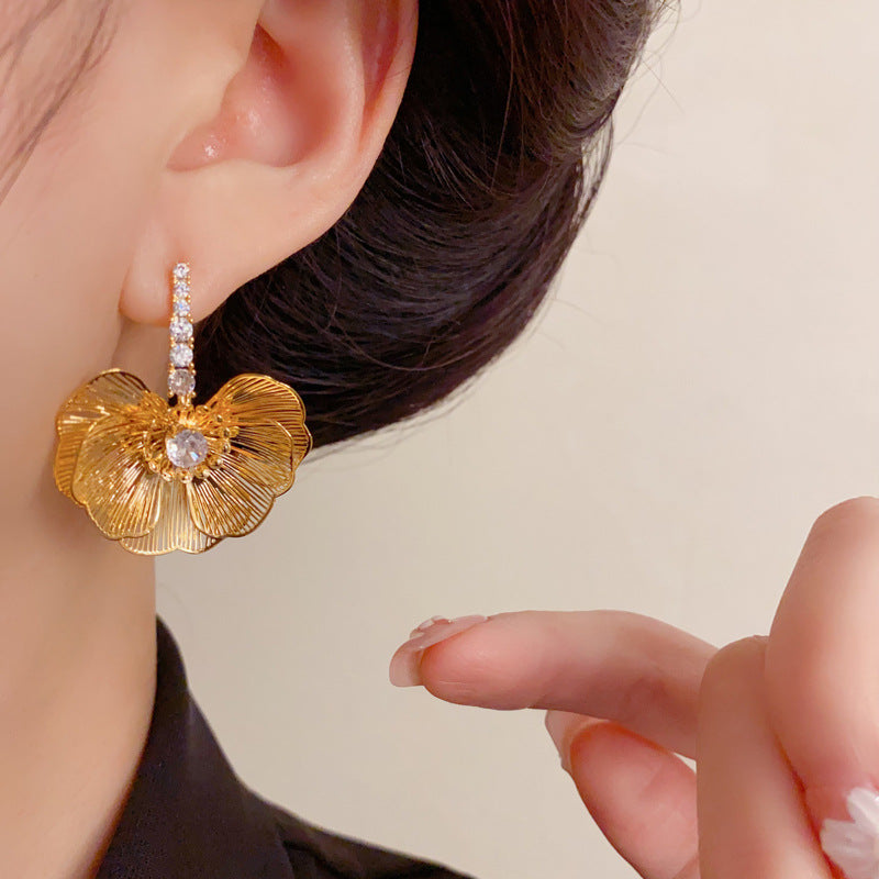 Luxury Zircon Metal Petal Drop Earrings – Bold Floral Design