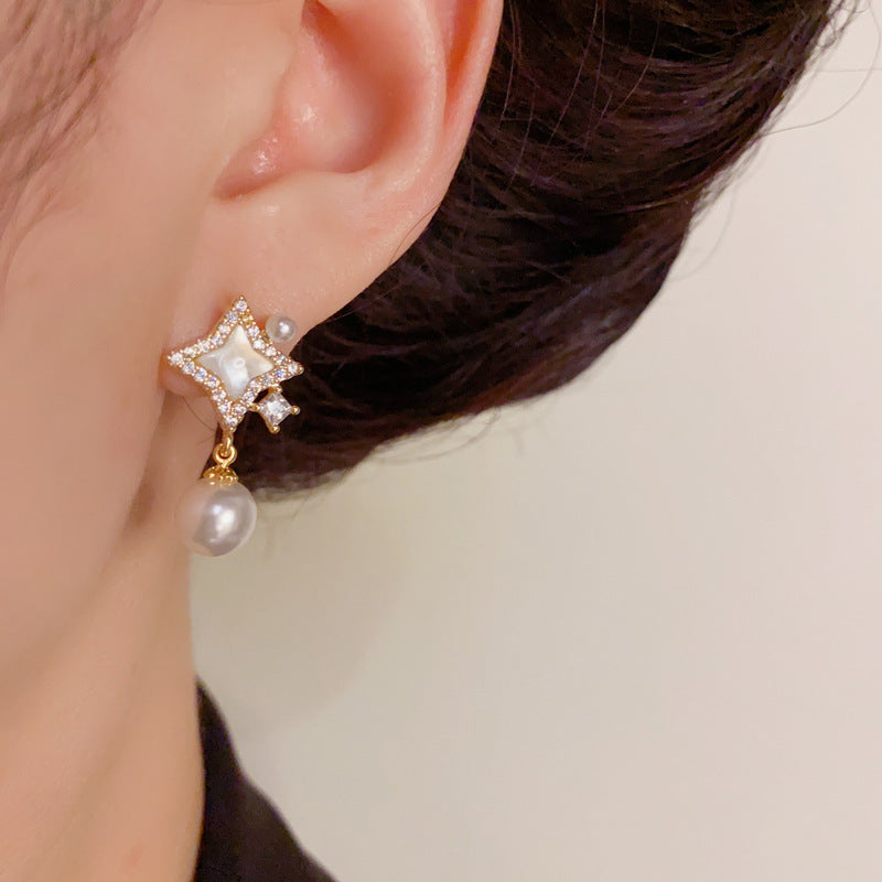 Luxury Mother-of-Pearl Star & Pearl Drop Earrings – Elegant Design