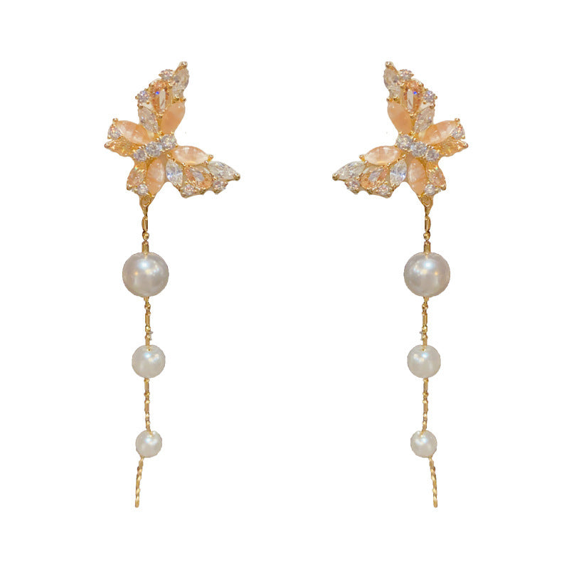 14K Gold-Plated Zircon Butterfly Pearl Tassel Earrings -Elegant Design