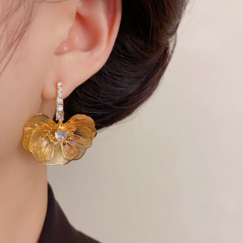 Luxury Zircon Metal Petal Drop Earrings – Bold Floral Design