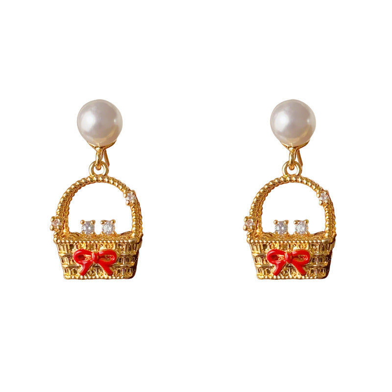 Luxury Pearl & Zircon Woven Basket Drop Earrings – Minimalist Design