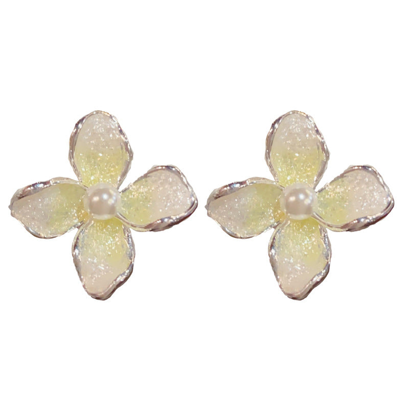 Eaioncol Gradient Flower Pearl Stud Earrings Green
