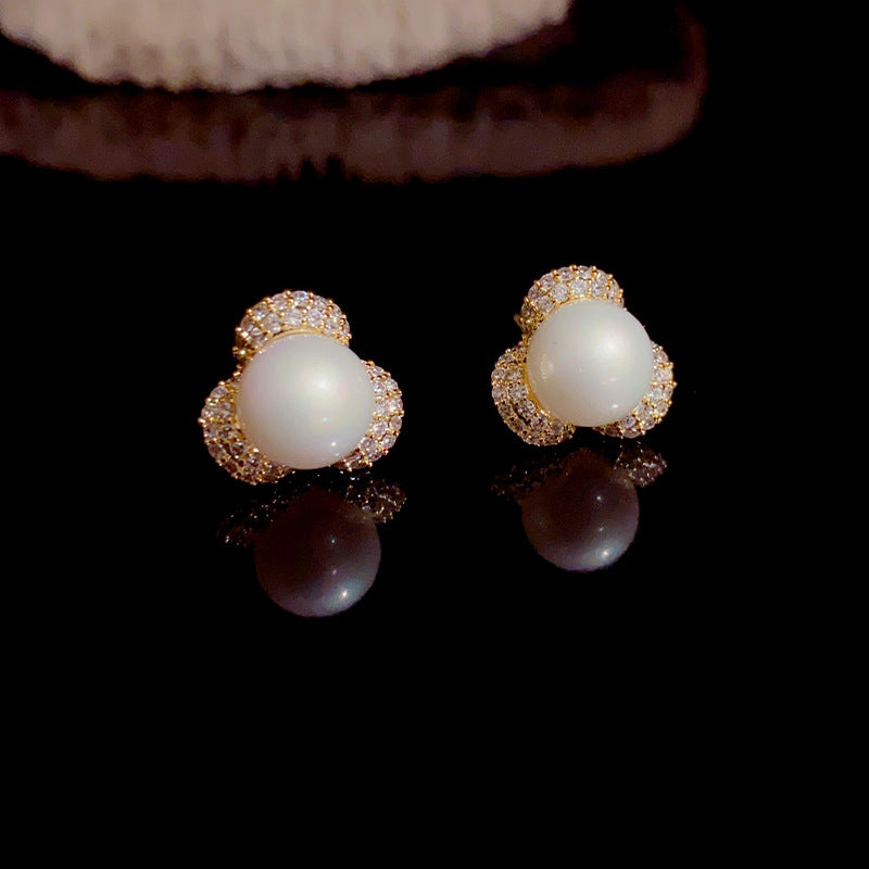 14K Gold-Plated Micro-Paved Flower Pearl Stud Earrings-Elegant Design