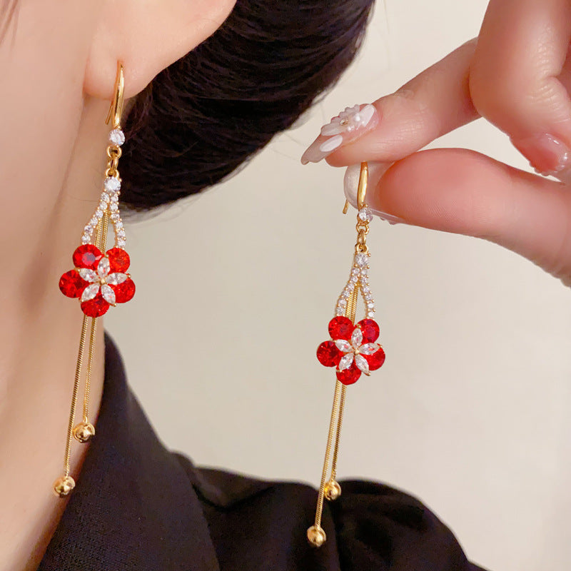 Luxury Micro-Pavé Red Petal Tassel Drop Earrings – French Retro Design