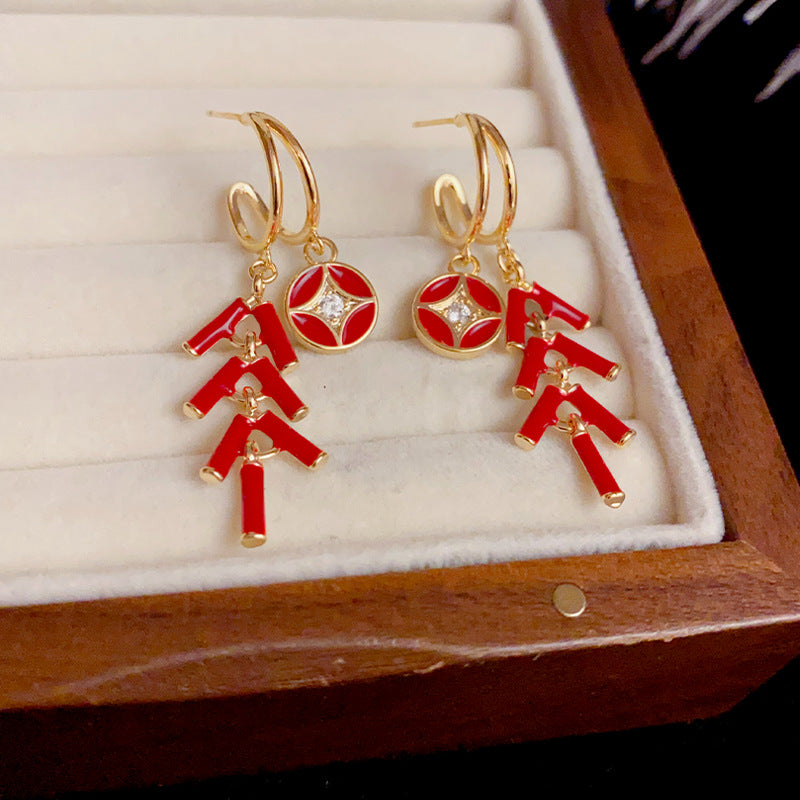 14KGold-Plated New Year Firecracker Tassel Earrings-Festive Red Design