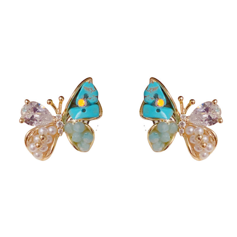 14K Gold Minimalist Blue Pearl & Butterfly Earrings–S925 Silver Needle