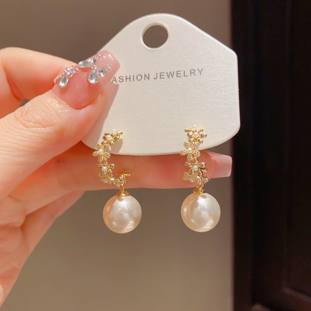 Eaioncol Metal Petal Pearl Drop Earrings Gold Silver