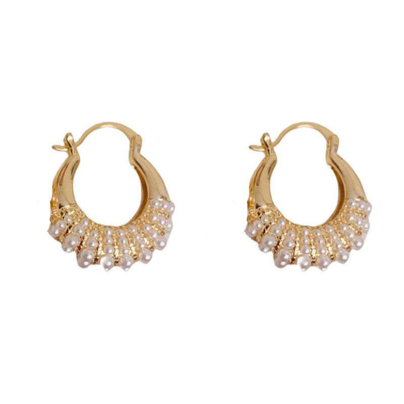 Elegant Pearl Bag Geometric Hoop Earrings – French Retro Design