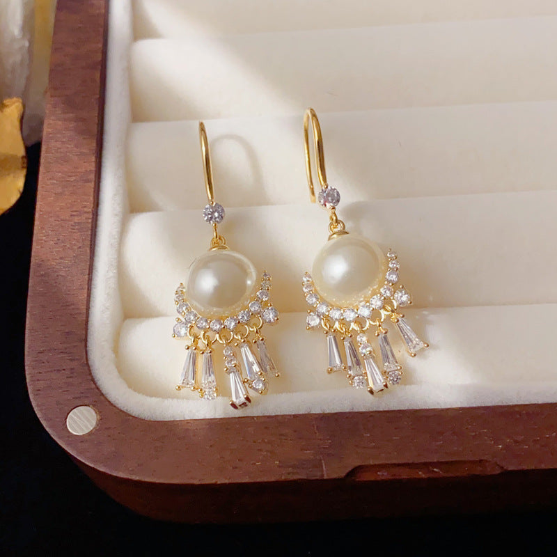 Luxury Zircon Pearl Tassel Hook Earrings – Geometric Design