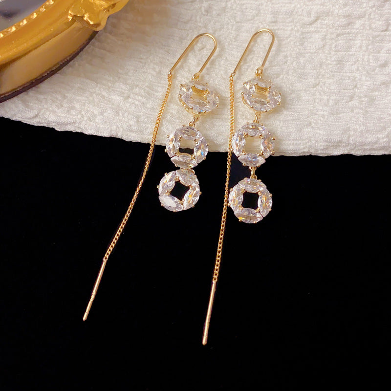 Luxury Micro-Pavé Circle Tassel Threader Earrings – Elegant Design