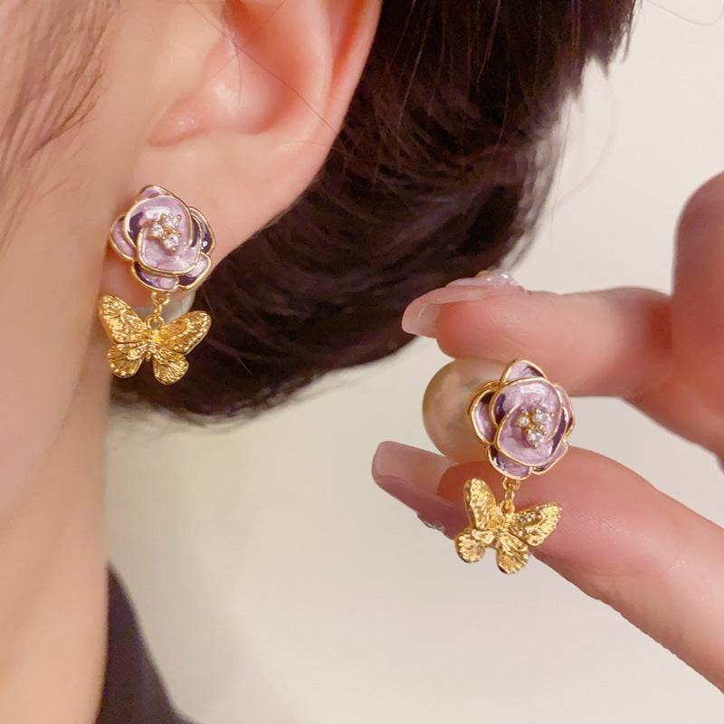 Sweet Flower & Butterfly Tassel Pearl Earrings – S925 Silver Needle