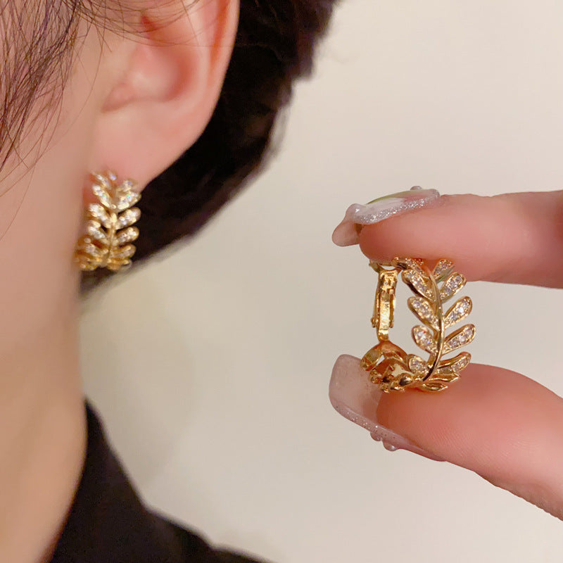 Elegant Micro-Pavé Zircon Leaf Hoop Earrings – Botanical Design