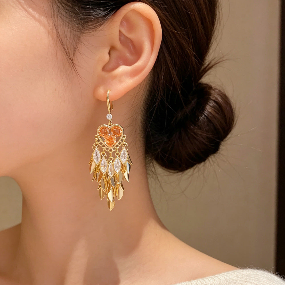 Eaioncol Heart Leaf CZ Tassel Ear Hooks 14K Gold Plated