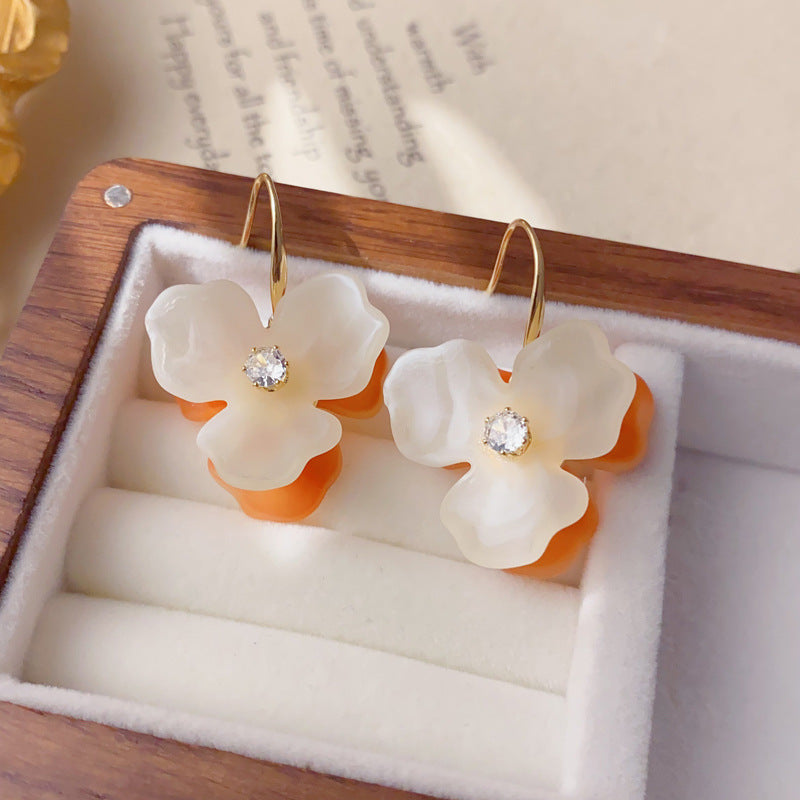 Elegant Double-Sided Acrylic Petal Ear Hook Earrings – Floral Design