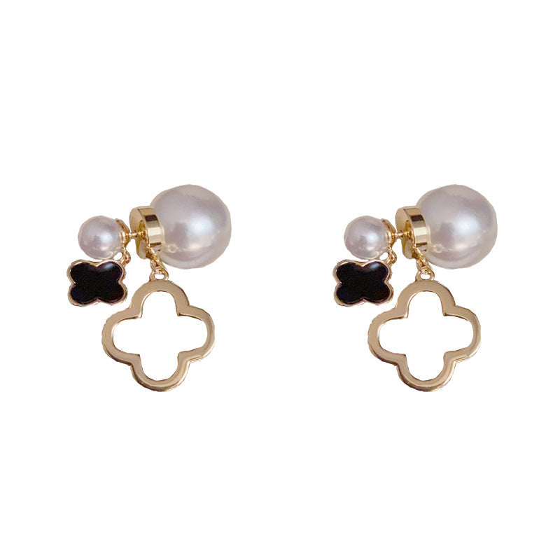 14K Gold-Plated Pearl Four Leaf Flower Earrings - Elegant Design