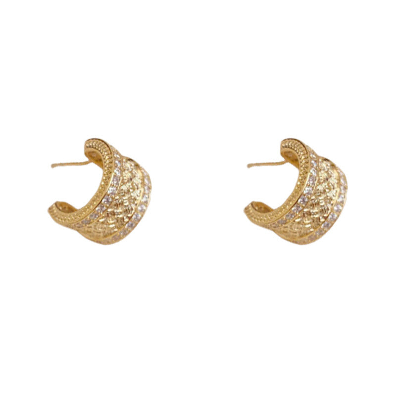 Elegant Zircon Textured Metal C-Hoop Earrings – French Retro Design