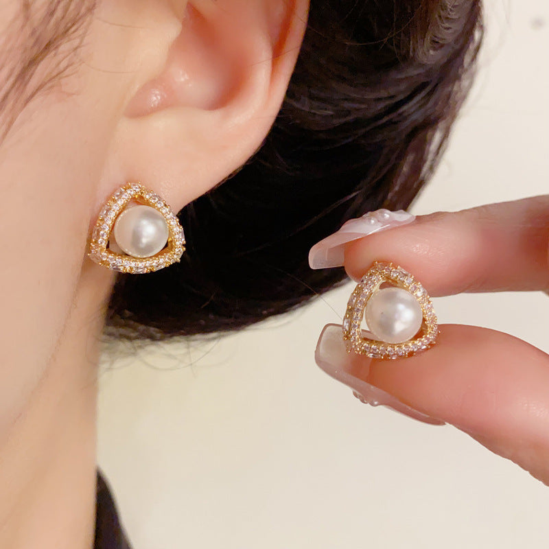 14K Gold Zircon Triangle Pearl Stud Earrings – Minimalist Chic Design