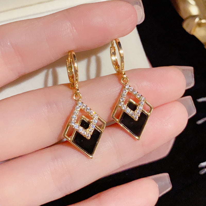 14K Gold Plated Luxury Black Double Rhombus Hoop Earrings -Stylish Geometric Design