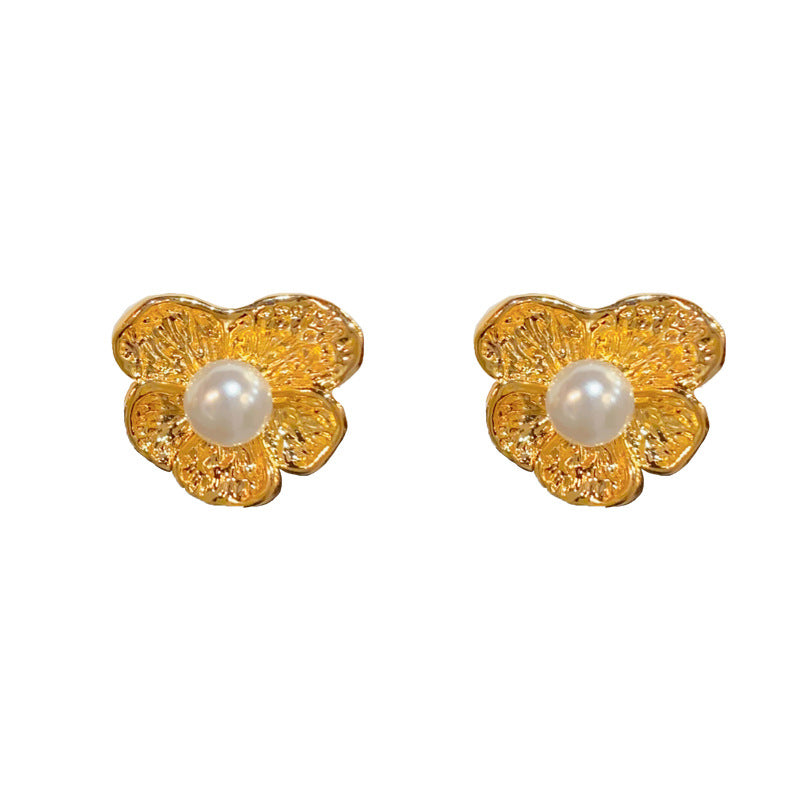 18K Gold-Plated Metal Flower Petal Pearl Stud Earrings –Elegant Design