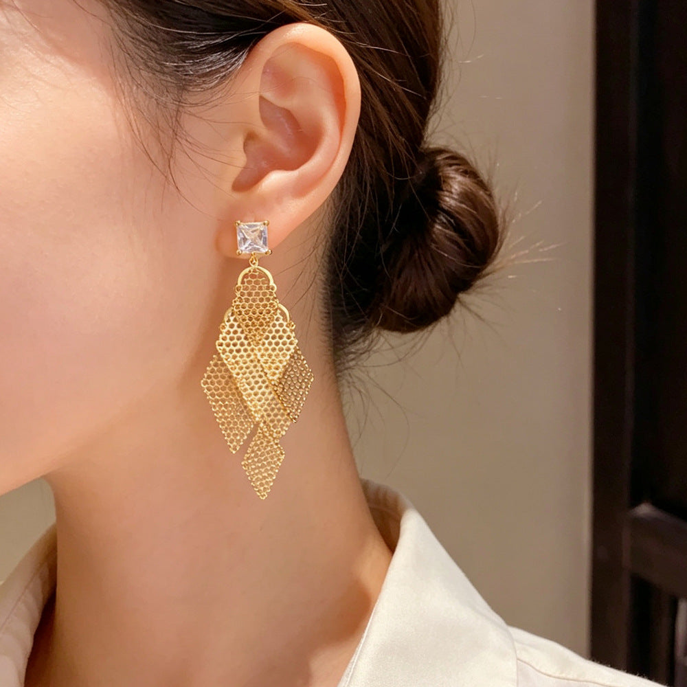 Eaioncol Openwork Rhombus Tassel Drop Earrings 14K Gold Plated