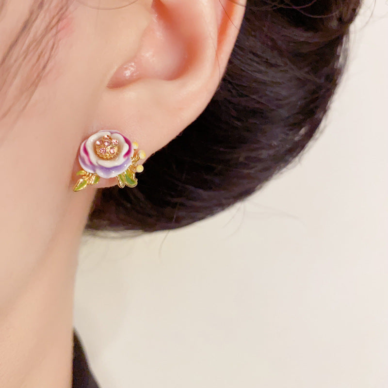 14K Gold Luxury Enamel Flower Stud Flower Earrings – Elegant Design